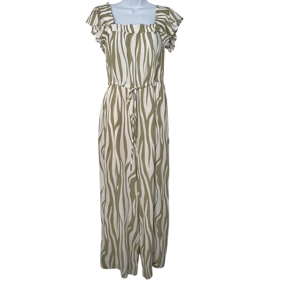 Easel Wide Leg Abstract Zebra Ruffled Flutter Sleeve Sage White Jumpsuit S NWT - Picture 1 of 12